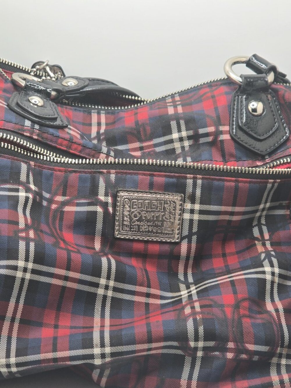 Coach Poppy Plaid Glam Tote A12-15376 Red Blue Tartan Shoulder Bag